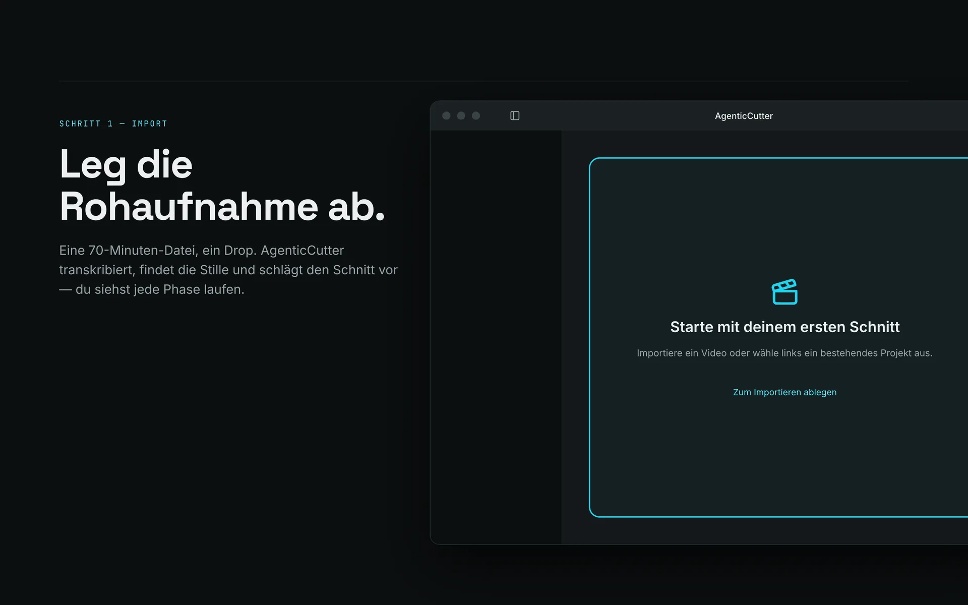 Leeres Projektfenster mit der Ablegefläche für eine Videodatei