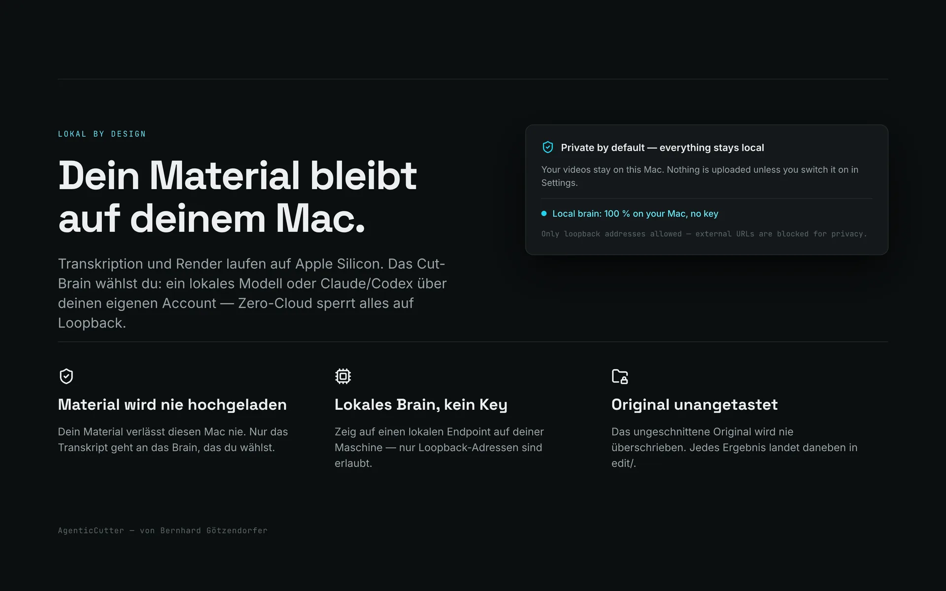 Datenschutz-Karte: Material bleibt auf dem Mac, das Cut-Brain ist wählbar, Zero-Cloud sperrt auf Loopback