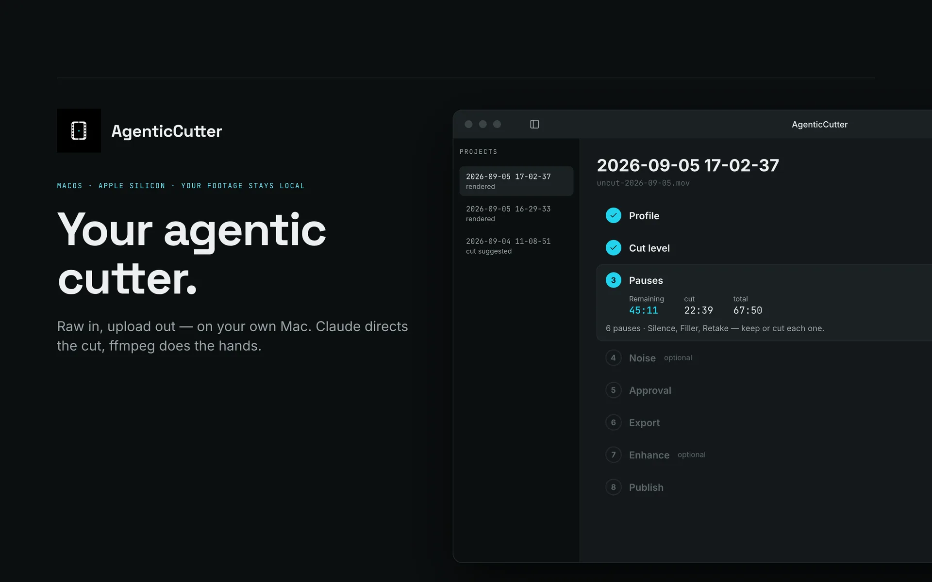 AgenticCutter window showing the phase list Profile, Cut level, Pauses, Noises, Approval, Export, Enhance, Publish, with the Pauses phase active