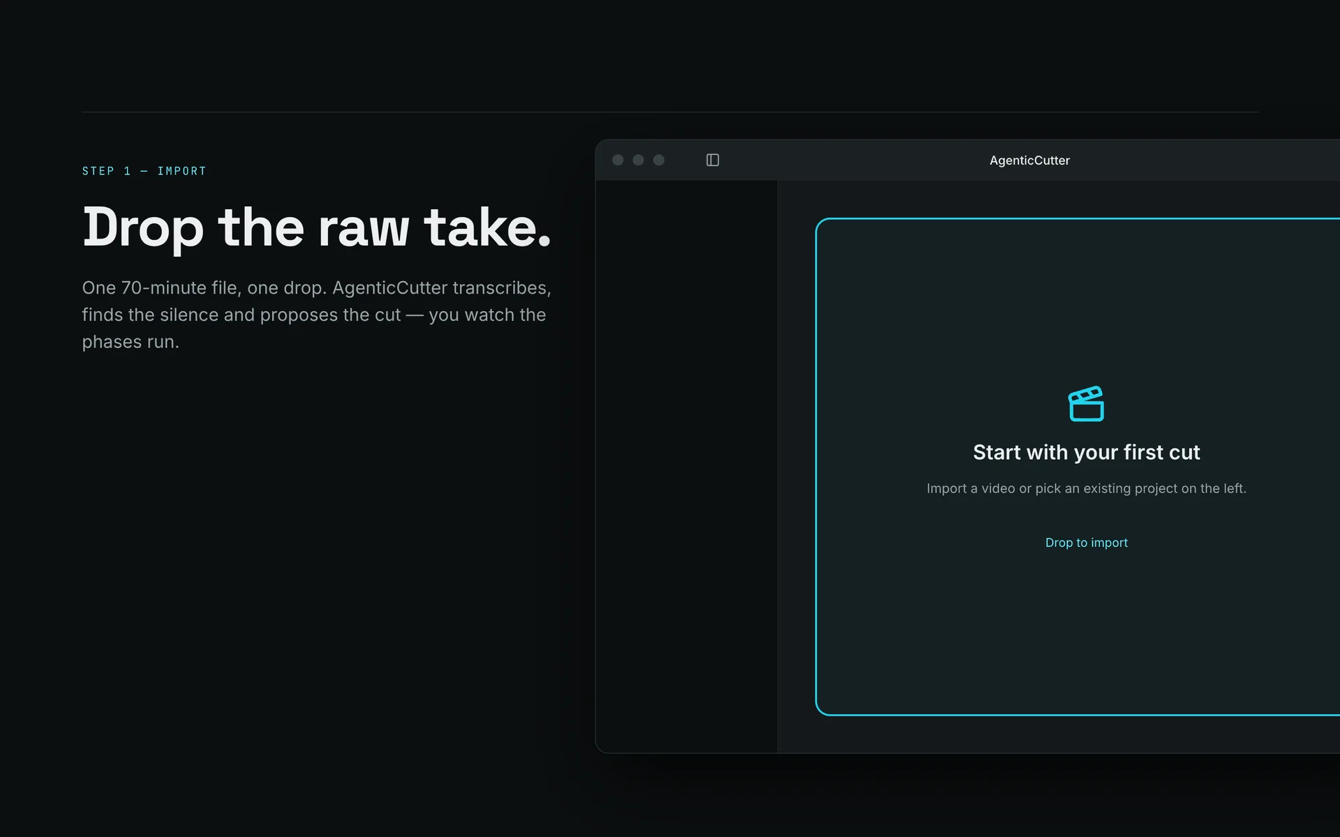Empty project window with the drop area for a video file