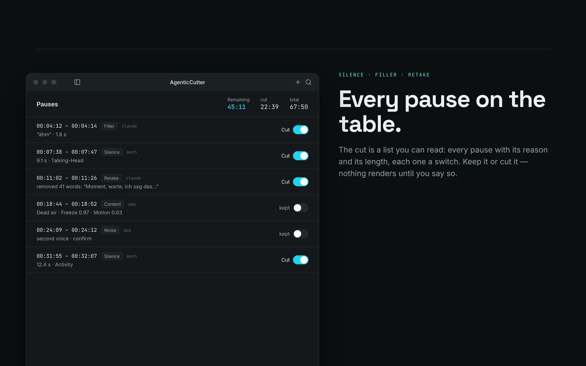 Pause list with timecodes, a reason per pause and a keep-or-cut switch on every row