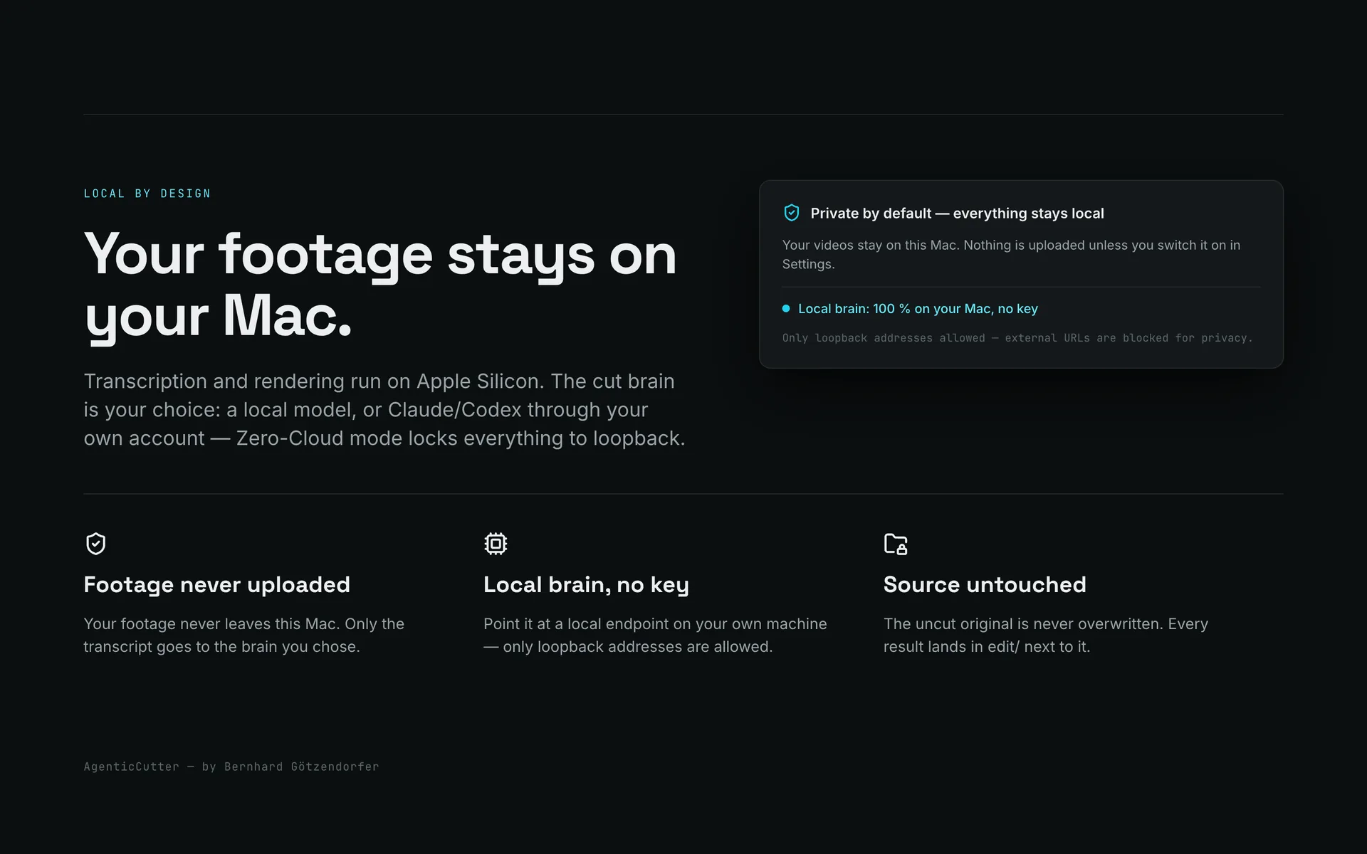 Privacy card: footage stays on the Mac, the cut brain is your choice, Zero-Cloud locks it to loopback