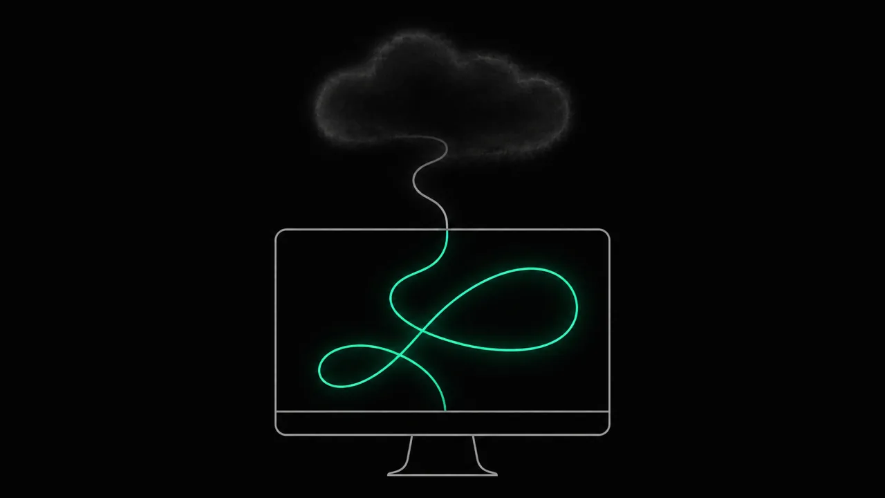 Outline of a Mac: one data path leaves it upwards into a grey cloud, the other stays inside the Mac and glows green.