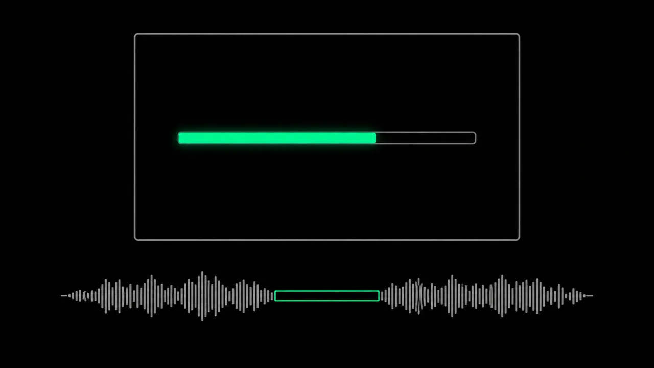 Illustration: a screen with a running progress bar, below it an audio track where the silent stretch is marked in green and kept.