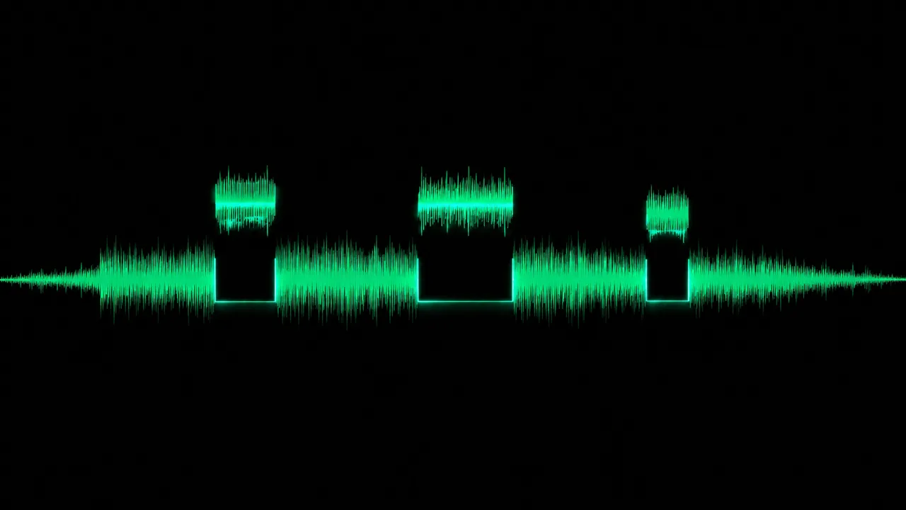 Illustration: an audio track with three segments lifted out of it, the cut edges glowing green.